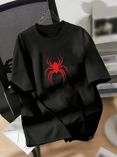 Baskılı Oversize Bisiklet Yaka T-shirt - Siyah resmi